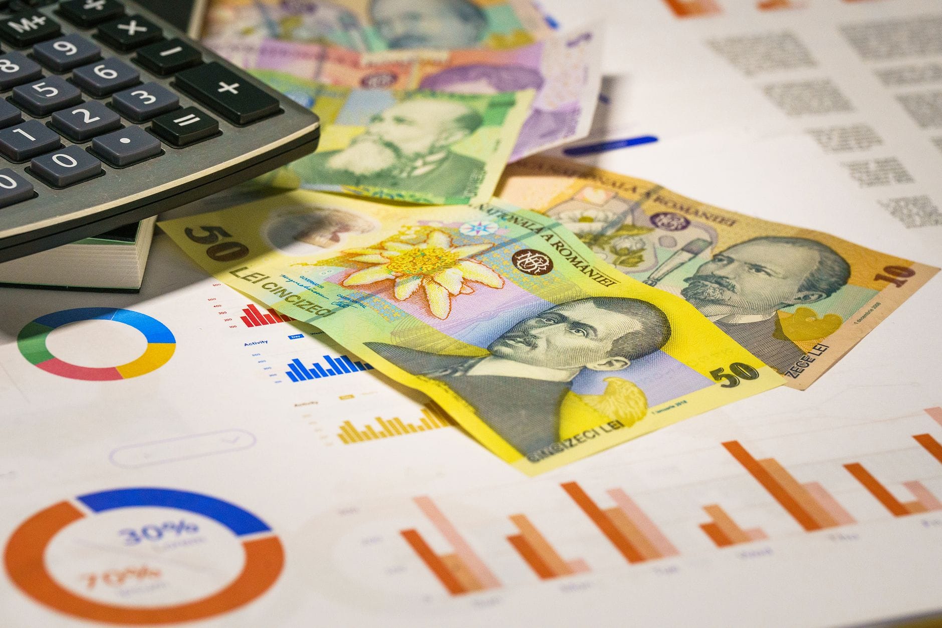Banknoty i kalkulator na tle wykresów kosztów kredytu