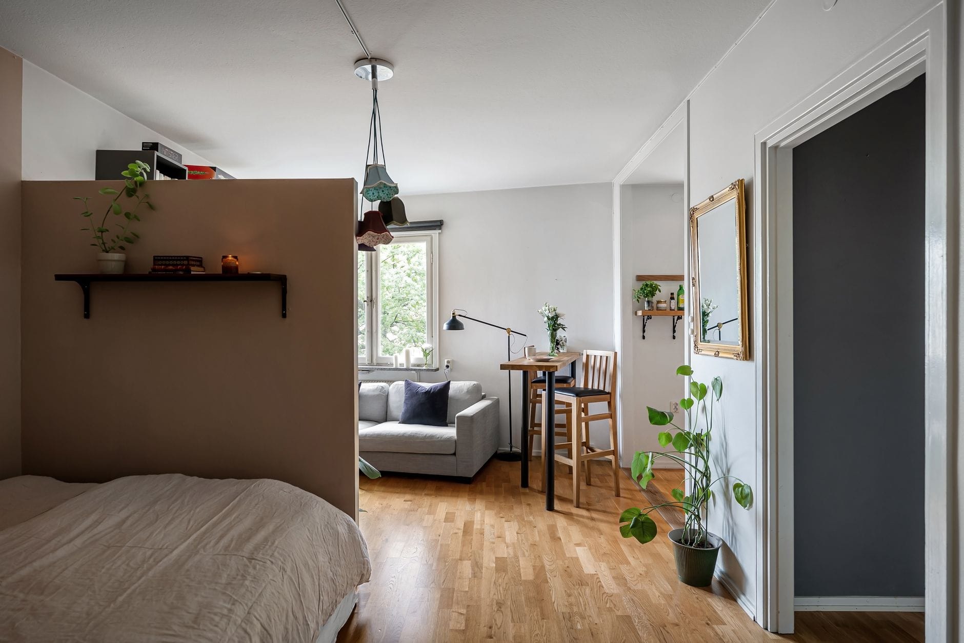 Przytulny nowoczesny salon z kanapą, roślinami i minimalistycznymi dodatkami
